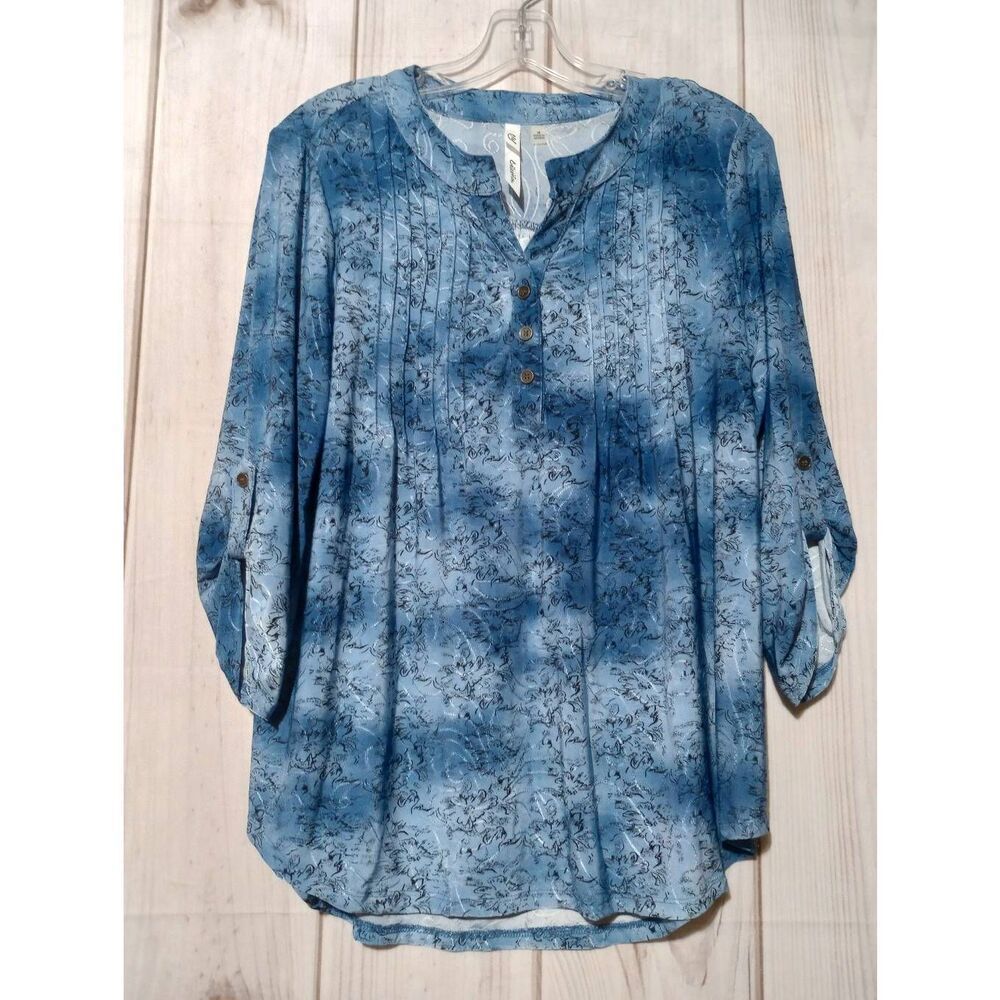 NY Collection Shirt Ladies Medium Blue 3/4 Sleeve VNECK Stretchy‎ Flowy Tie-dye